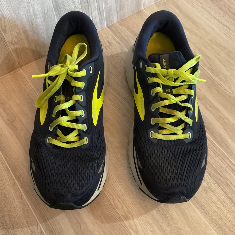 Brooks Ghost 15 Mens Running Shoes Navy Blue Lime Green Wide 2E 8.5 1103932E429